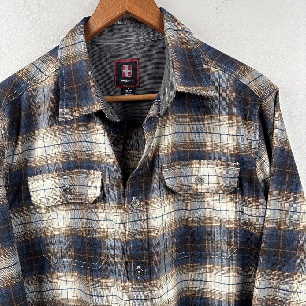 Swiss Tech Men's Button Shirt Medium 38-40 Blue Brown Plaid Long Sleeve Flannel